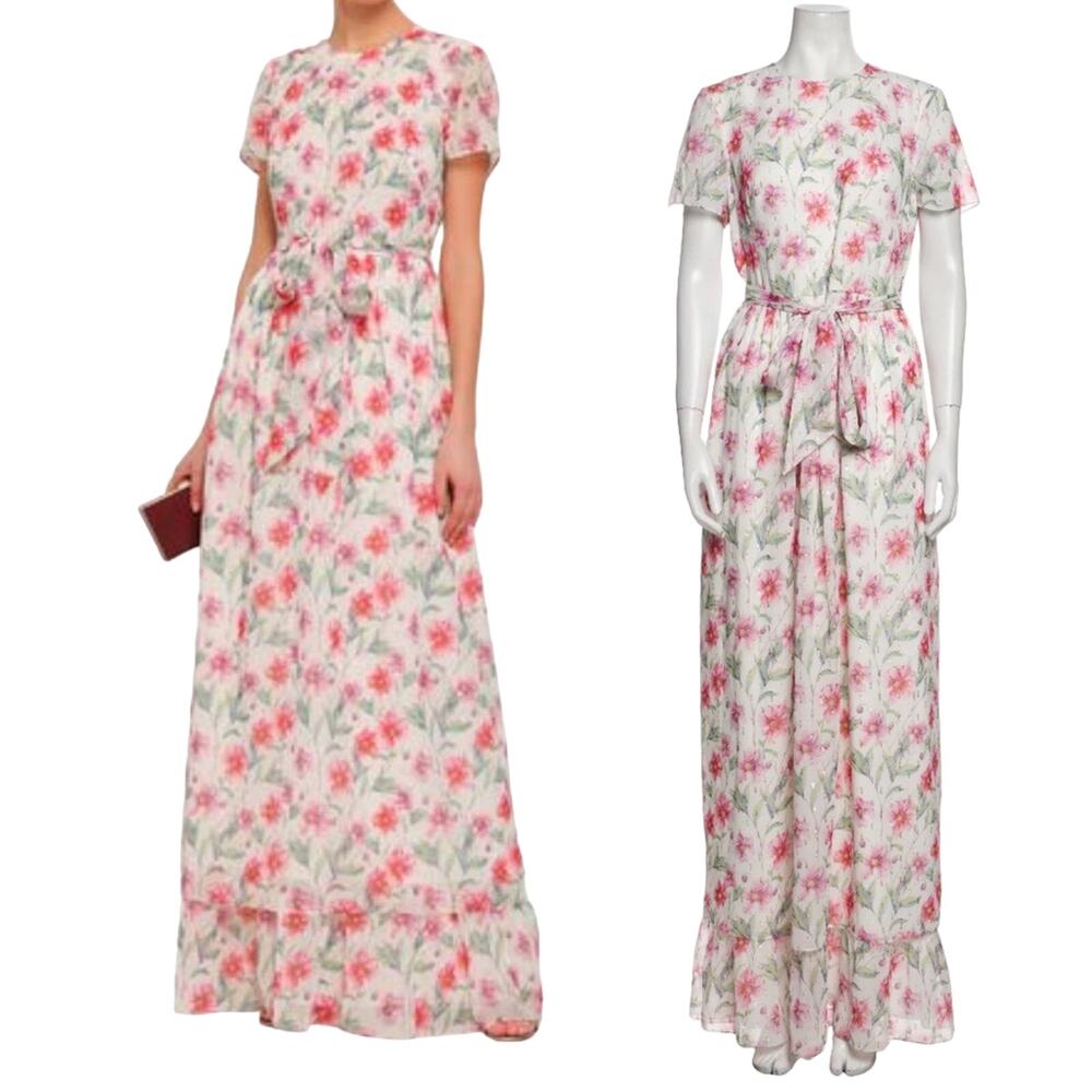 New Mikael Aghal Belted Georgette Floral Print Short Sleeve Maxi Dress Size 6